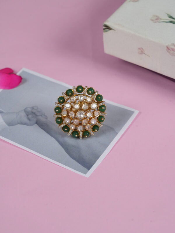 Moissanite & Emerald Bead Ring with Swarovski Stones