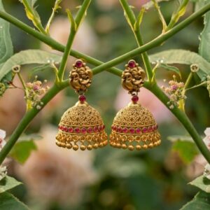 Pink Stone Gold Ball Nakshi Jhumkas