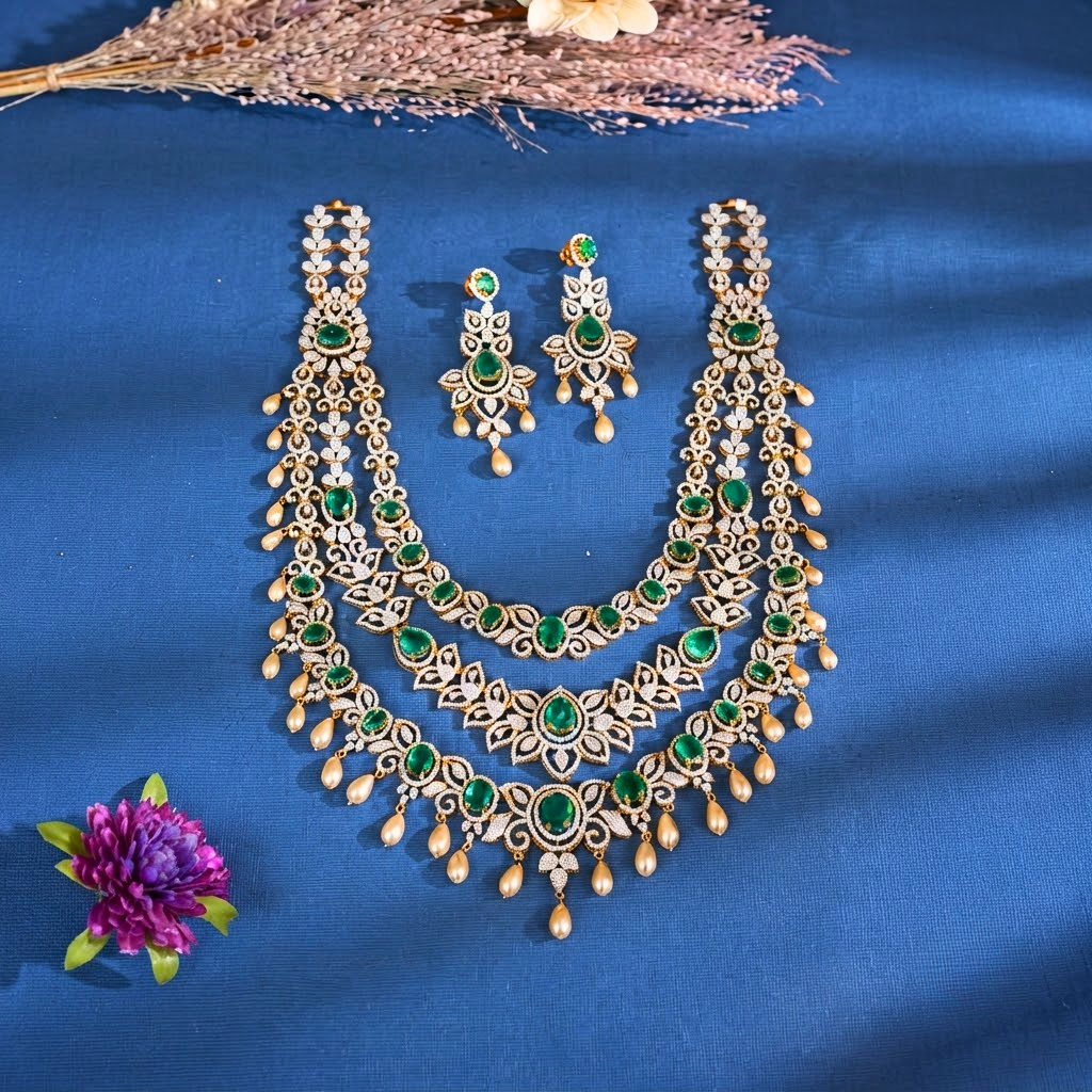 3-Layer Emerald Swarovski Long Haaram Set